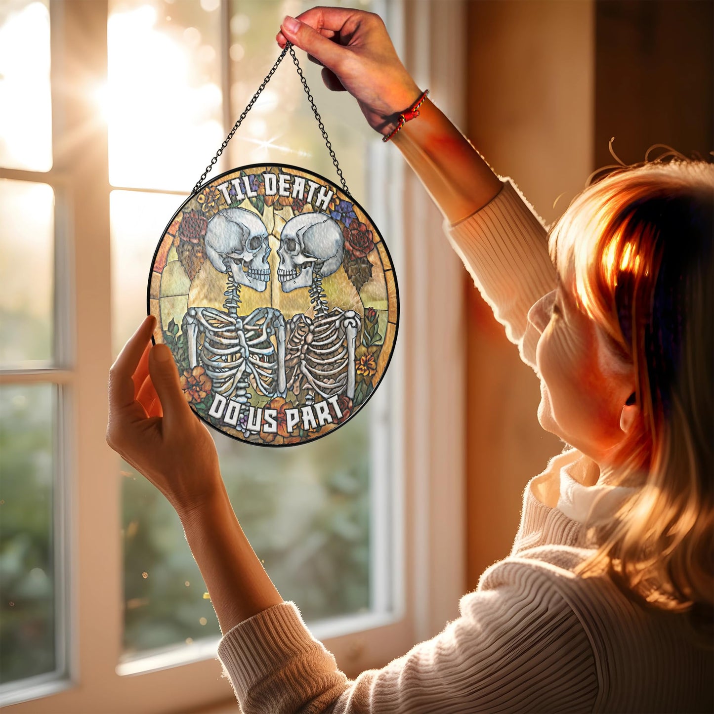 7.8" Skeleton Couple Stained Glass Suncatchers, Gifts for Women Men Wife Husband Hanging Indoor Window, Decorative Halloween Valentine Skeleton Lovers Kissing ART-01E-SG8