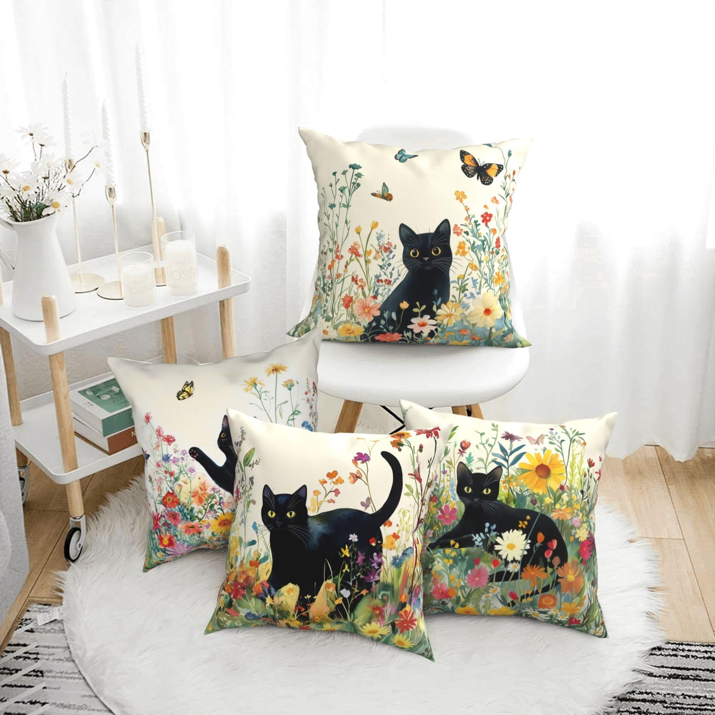 bmuvghi Summer Pillow Covers 18x18 Set of 4 Black Cat Throw Pillows Cover Wild Flower Sofa Couch Pillow Cases for Farmhouse Indoor Home Decor Decorations