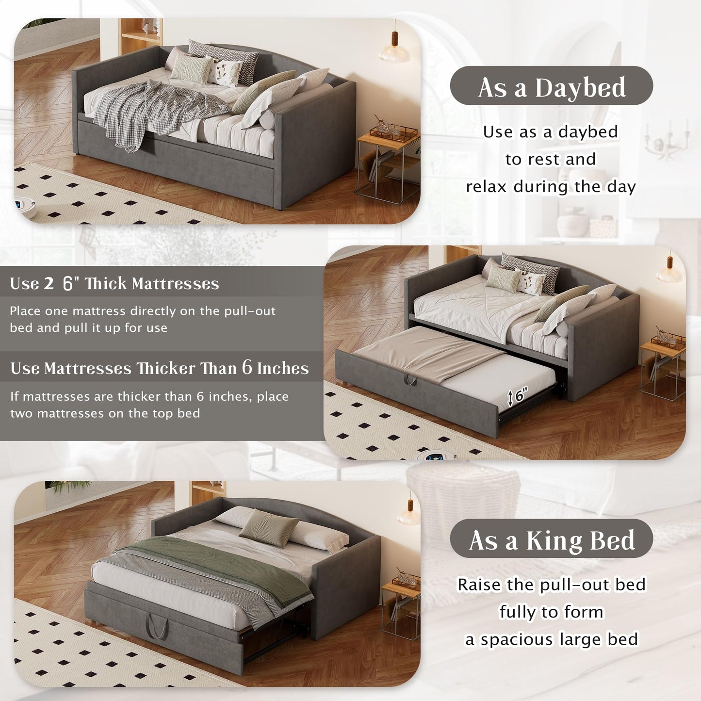 Merax Twin Size Velvet Daybed with Extended Pop Up Trundle, Upholstered Sofa Bed Daybed, Space-Saving Twin to King Design for Guest Room, Gray