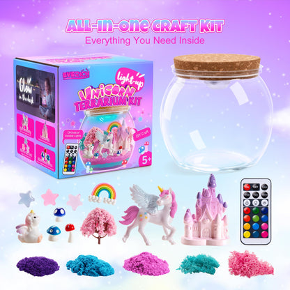 EVERICH TOY Unicorn Terrarium Kit for Girls Ages 4–12, Light-Up DIY Fairy Garden Craft Kit with Remote-Control LED Night Light, Creative Screen-Free Unicorn Gifts & Bedroom Room Décor