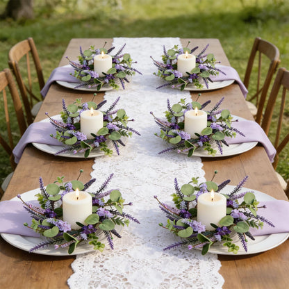 6 Pcs Small Lavender Candle Ring Wreaths Mini Pillar Candle Holder Wreath with Violet Hydrangea Flowers and Eucalyptus Leaves Artificial Spring Summer Wreath for Home Kitchen Table Cnterpieces