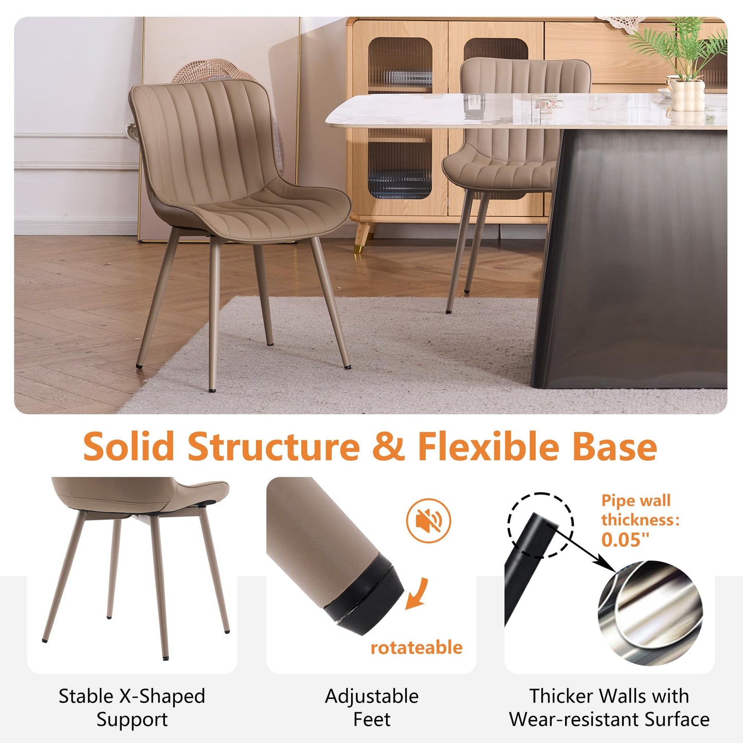 YOUNUOKE Mid-Century Modern Dining Chairs Set of 2, Khaki PU Leather Upholstered Kitchen Chairs with Khaki Metal Legs, Armless Accent Chair for Dining Room, Guest Reception Room