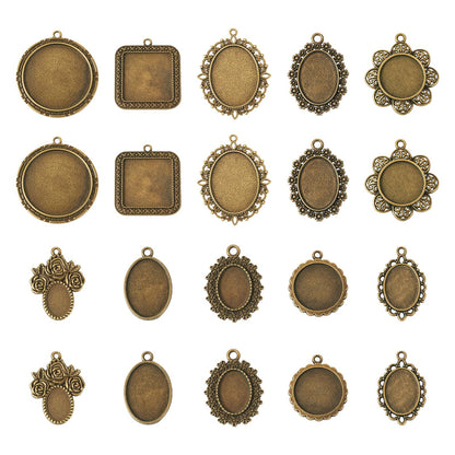 Bestewelry 20Pcs Bezel Pendant Trays 10 Styles Vintage Cabochon Bezel Settings Trays Charms Tibetan Style Oval Trays Pendant Blanks for DIY Crafts Photo Necklace Jewelry Making