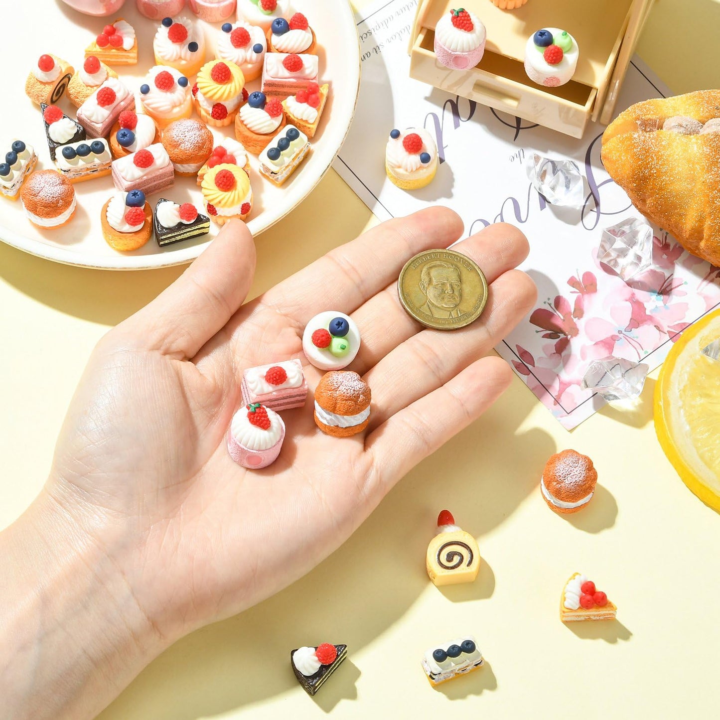 Gythara 44 pcs 11 Styles Lovely Cake Theme Resin Miniature Ornaments Sweet Dessert Imitation Food Figurines for DIY Fairy Garden Micro Landscape Desk Office Decor