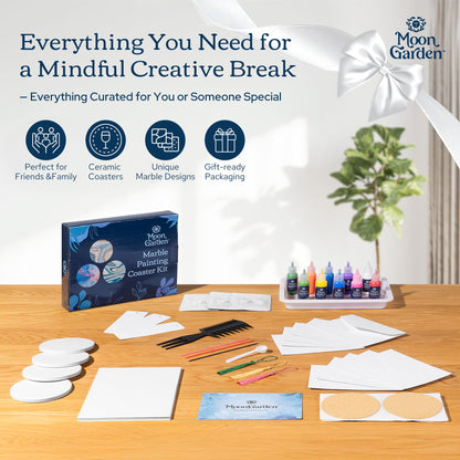 MoonGarden Marble Painting Coaster kit - Marble Painting Kit for Adults - 12 Color Paints, Ceramic Coasters, Bookmark Paper and Cardstock Paper - Relaxing and Creative DIY Activity