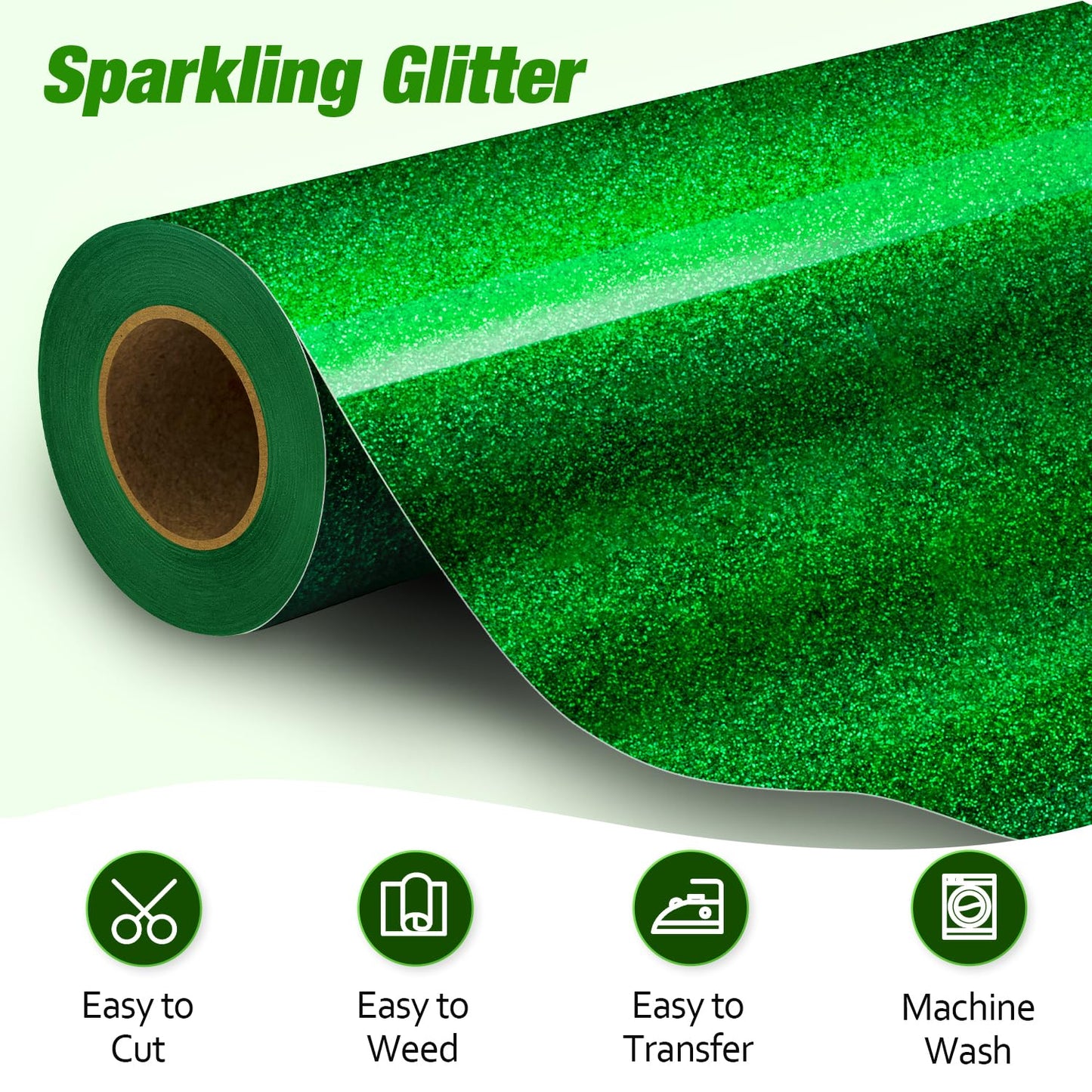 VinylRus Green Glitter HTV Heat Transfer Vinyl Roll-12 x 10ft Green Glitter HTV Vinyl for T-Shirt Clothing Bags,Glitter Iron on Vinyl for All Cutter Machine - Easy to Cut and Weed