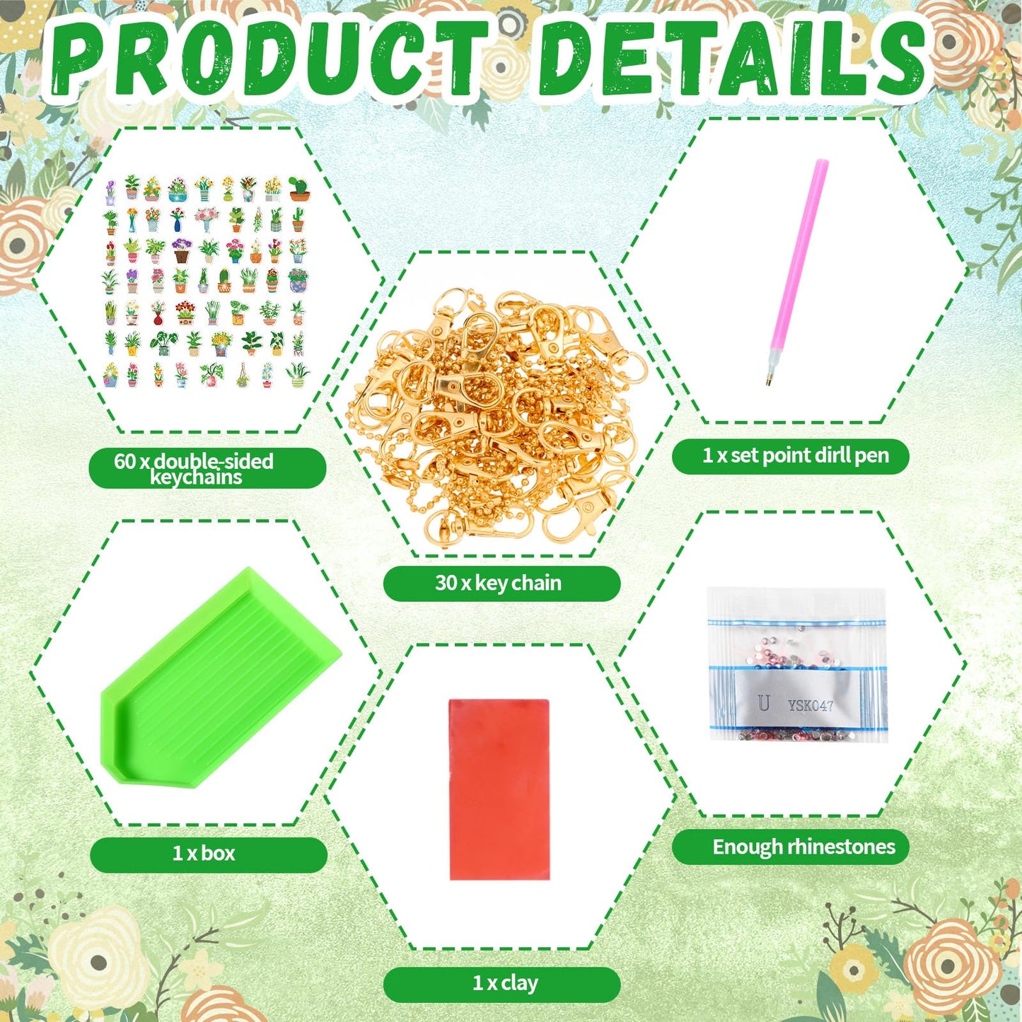 Huquary 60 Pcs Diamond Art Keychains Potted Plants Diamond Painting Keychain Kits for Adults Double Sided 5d Rhinestones Spring Hanging Key Chains Ornaments for Beginners DIY Crafts Party