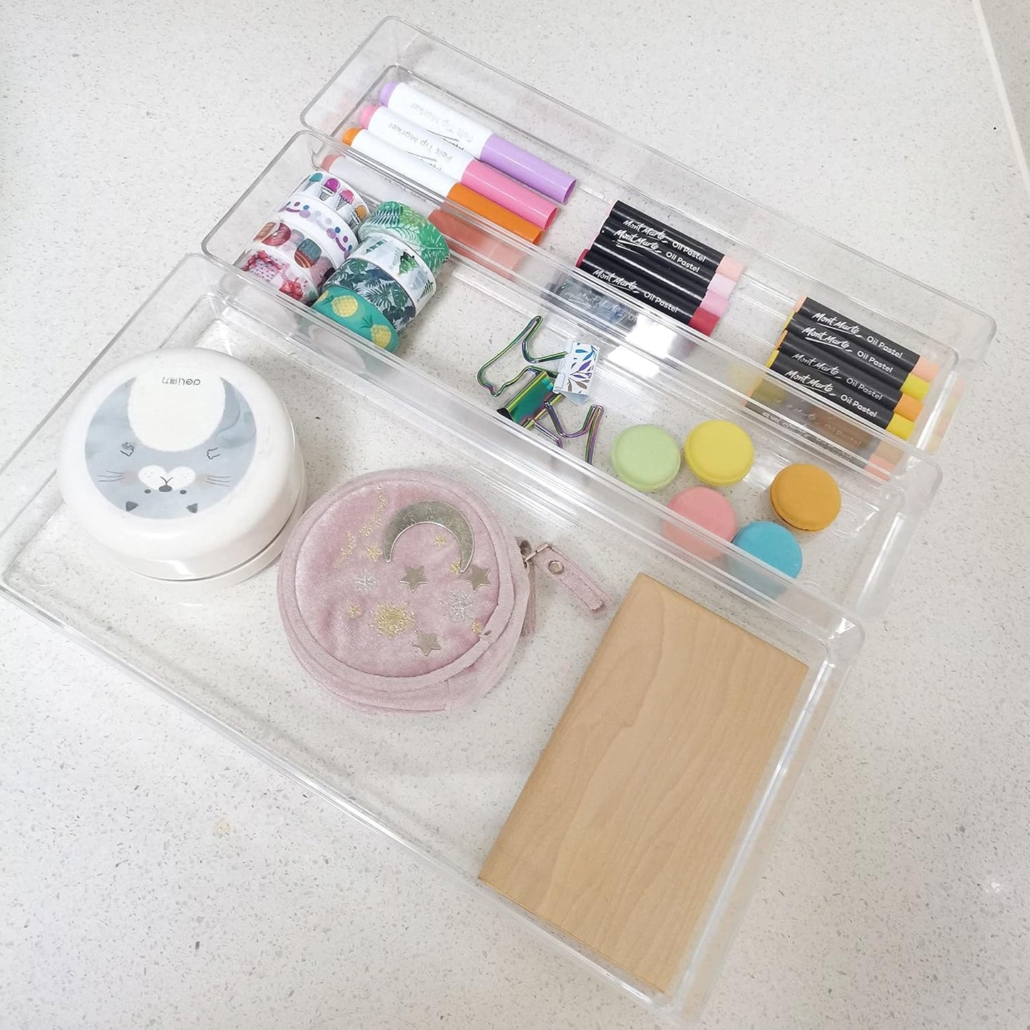 LotFancy Clear Drawer Organizers, Set of 3, 12” x 3” x 2” Plastic Storage Bins for Desk, Bathroom, and Makeup