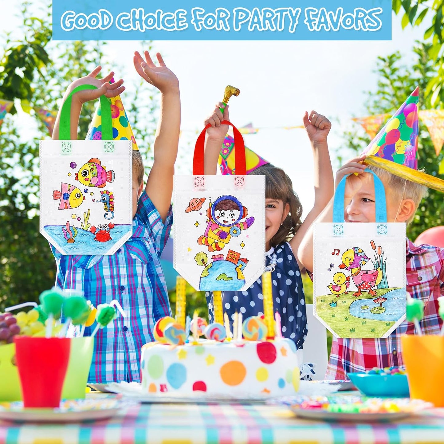 48 Chunful Pieces Coloring Goodie Gift Bags for Kids Birthday Party Reusable Coloring Tote Bags Cute Cartoon Colorful
