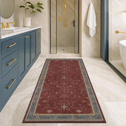 Turkish Kitchen Runner Rugs - Non-Skid Washable Design | Dark Red 2x6 for Hallway & Bathroom
