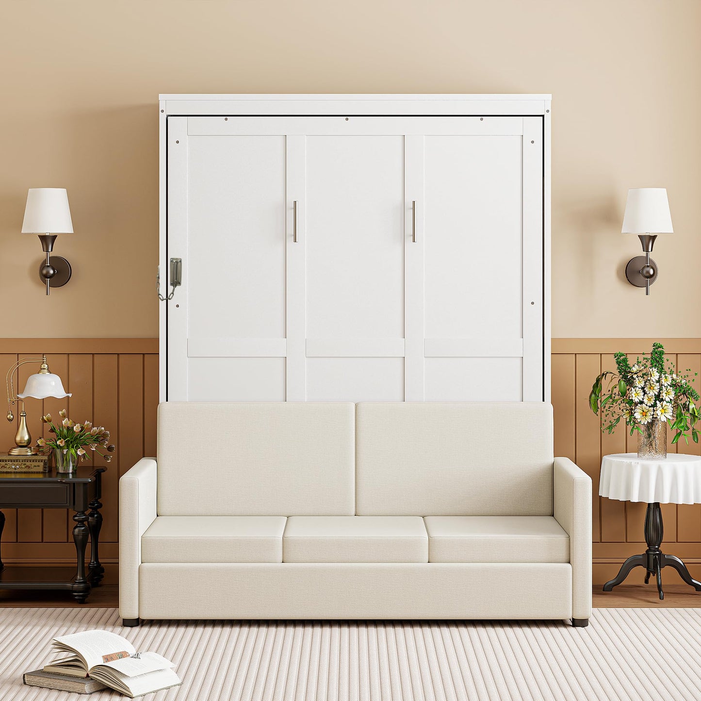 Ball & Cast Murphy Bed Full Size Wall Bed with Sofa,can be Folded,Multifunctional Wood Hideaway Cabinet Bed Frame,Slat Support,Save Space,for Apartment,Guest Room,White