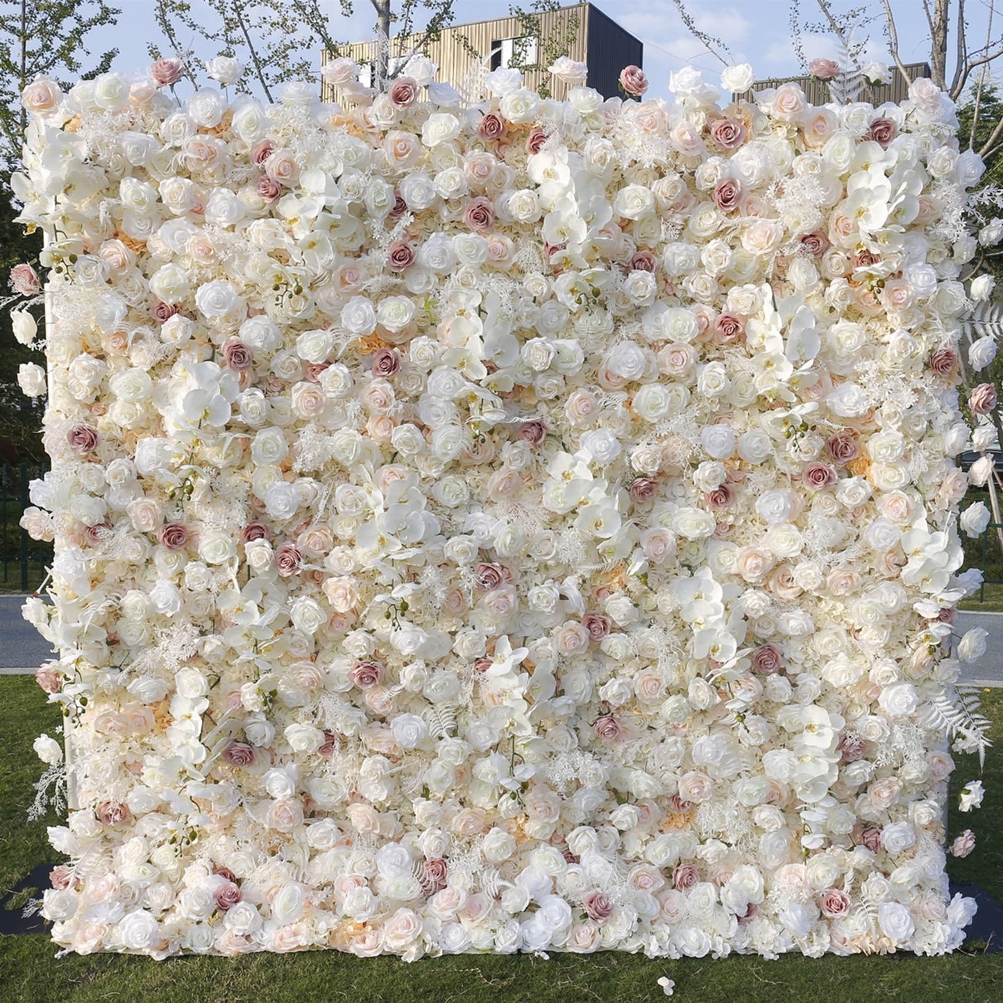 UYCVT Creamy Champagne Rose Artificial Flower Wall Backdrop Panels, Handmade Romantic Large Wedding Backdrop 3D Floral Wall Fabric Flower Wall for Party Baby Shower Bridal Wedd-1m*1m/3.28 * 3.28FT