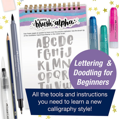 Faber-Castell Learn Galaxy Lettering: 40+ Page Calligraphy Practice Book with Art Crayons, Water Brush & More, Screen-Free Art Gift for Kids, Tweens & Beginners (Ages 8+)