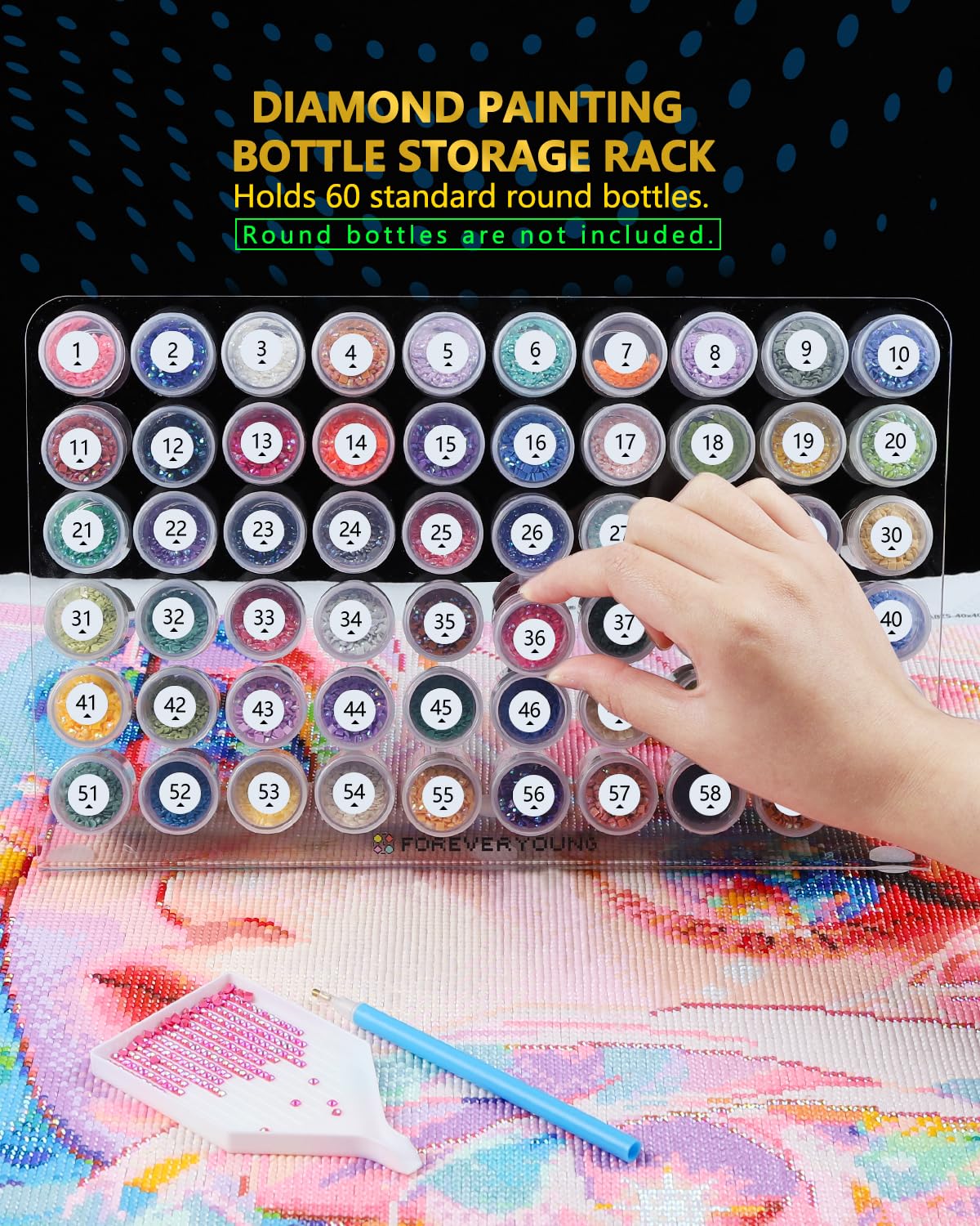 Foreveryoung Diamond Painting Bottle Storage Rack with 60 Slots, Diamond Art Storage Containers for Beads, Compatible with Most Diamond Painting Accessories and Tools, Tidy Workspace (No Jars)