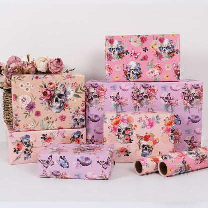 Aimyoo Halloween Wrapping Paper Rolls - 17 Inch x 10 Feet - 4 Rolls - Gothic Skull, Floral Design Perfect for Halloween, Christmas Decorations, Holidays, and Parties
