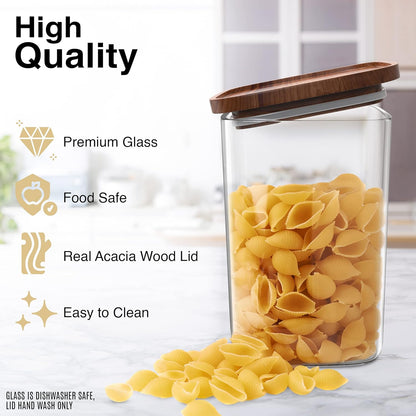 Essos Set (2) 80 oz Square Glass Jars with Wood Lids of fl Airtight and Stackable Storage Containers for Kitchen Pantry