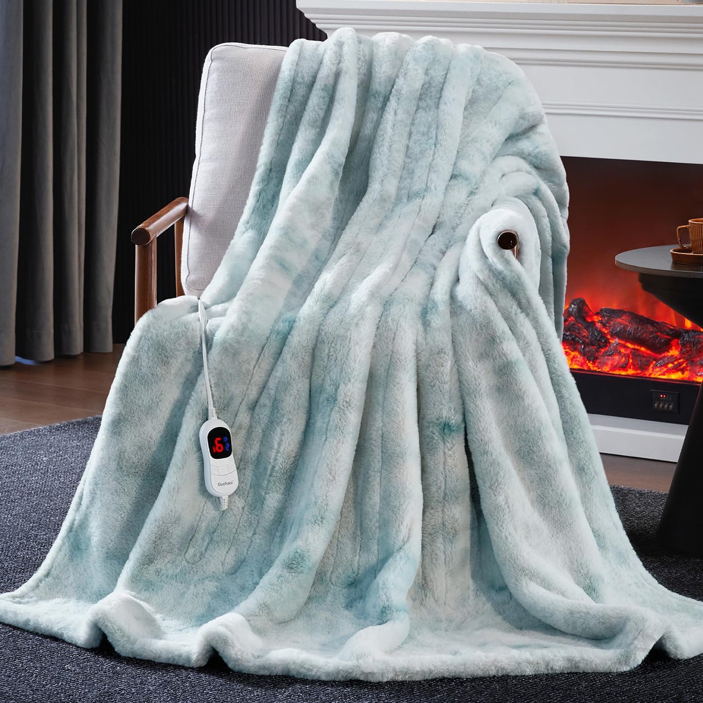 Guohaoi Heated Blanket Electric Throw, Soft Faux Rabbit Fur Electric Blanket with 10 Heating Levels 5 Sitting Timer Auto Off, Cozy Warm Heating Blankets, Machine Washable(50"×60" Beige)