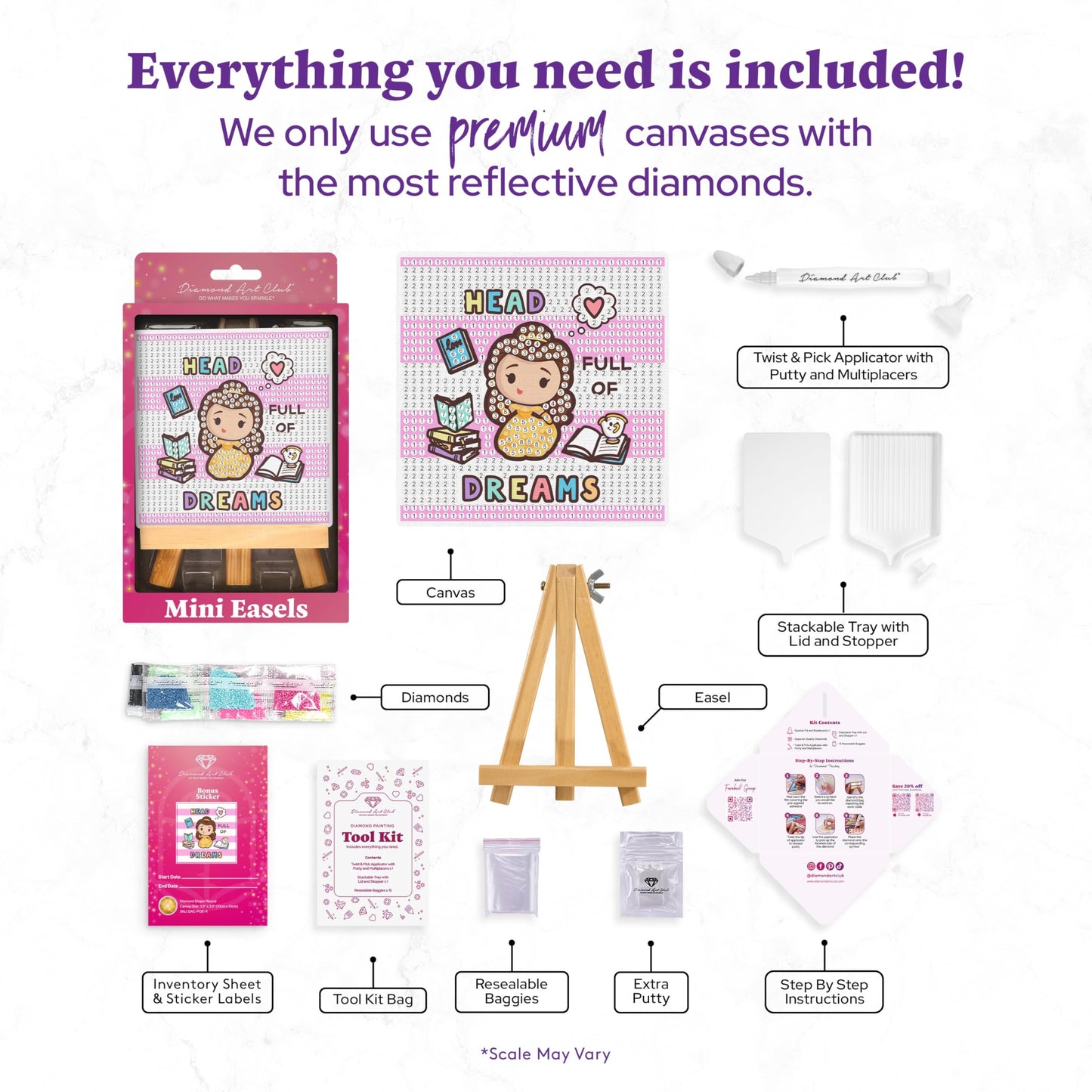 DIAMOND ART CLUB Mini Easels – Head Full of Dreams, Diamond Painting Kit, Fun DIY Crafts for Adults, Diamond Art Canvas for Beginners, 3.9" x 3.9"