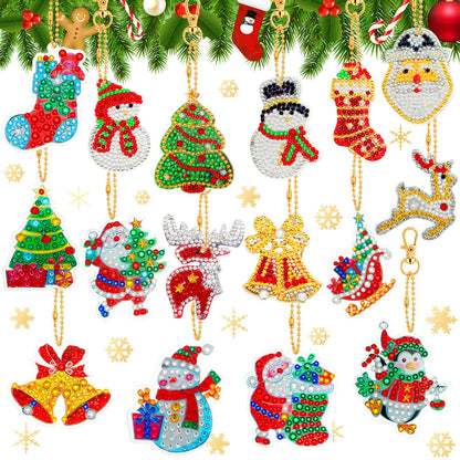 WILLBOND 16 Pieces Christmas Diamond Key Chain Kits Double Sided Diamond Art Keychain Bulk Diamond Christmas Ornament 5D Diamond DIY Painting Key Ring Pendant Christmas Tree for DIY Christmas Decor