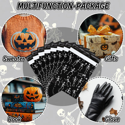 JarThenaAMCS 100Pcs Halloween Poly Mailers 10 x 13 Inch Black Dancing Skeleton Packaging Bags Self Seal Mailing Envelope Bags for Small Business Clothing