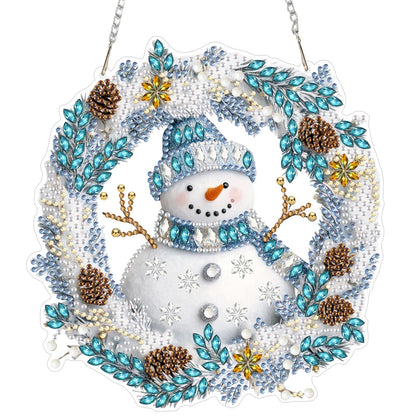MEIYUDA Snowman Diamond Art Hanging Kits for Adult, Snowman Winter Wreath Diamond Painting Hanging Kits Ornaments, DIY Special Shaped Rhinestone Window Pendants kit for Home Garden Wall Decor