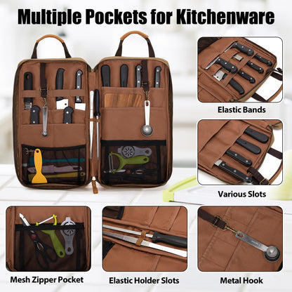 Damero Chef Knife Bag, Waxed Canvas Chef Storage Bag with 11 Slots and 2 Mesh Pockets, Knife Carrier Travel Knife Bag with Top Handles and Detachable Shoulder Strap for Kitchen Tools & Chef Utensils