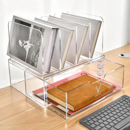 Acrylic Desk Organizer with Drawer and Cable Holders, Clear Acrylic Desktop Organizer with 4 Vertical Compartments, Sturdy Office & Home Desk Storage – ORDIXA