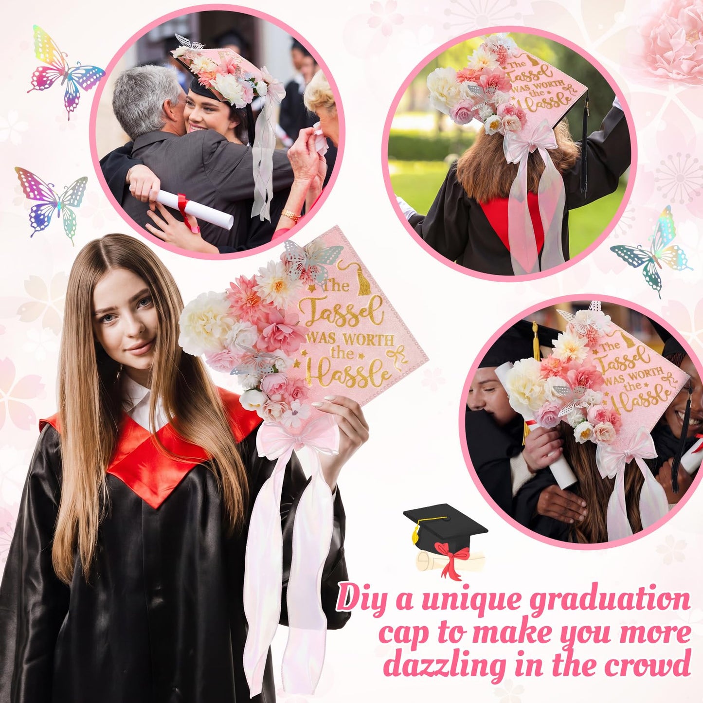 Dunzoom Pink 80 Pcs DIY Graduation Cap Decorations Kit Faux Flower Heads 3D Butterfly Stickers Bow Pearl Rhinestone Stickers Glitter Paper and Ribbon Bows for 2026 Grad Cap Topper Graduation Party