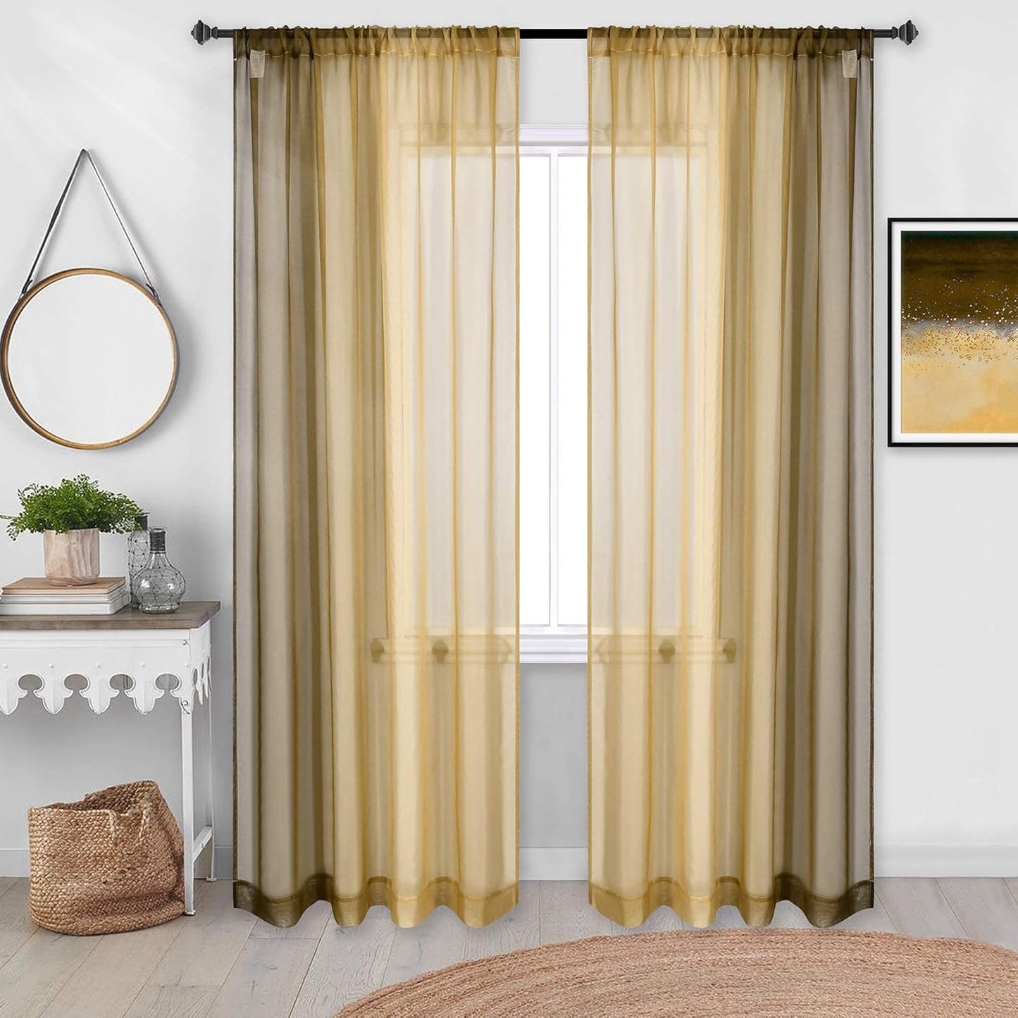 DECOVSUN Brown Gold Ombre Sheer Curtains, Extra Long Tan and Brown Voile Drapes for Girls Kids Room, 2 Panels
