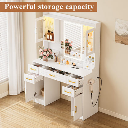 NBYSGO White Vanity with Mirror and LED Lights, Large Makeup Table Set with 2 Display Cabinets, 6 Drawers & 2 Storage Cabinets for Bedroom Dressing Room
