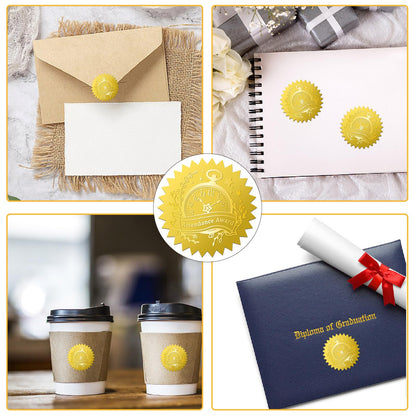 CRASPIRE 408Pcs Attendance Award Clock Gold Foil Embossed Stickers 2" Self Adhesive Envelopes Seals Round Labels for Wedding Invitation Graduation Corporate Certificates Diplomas Gift Wrapping Decor