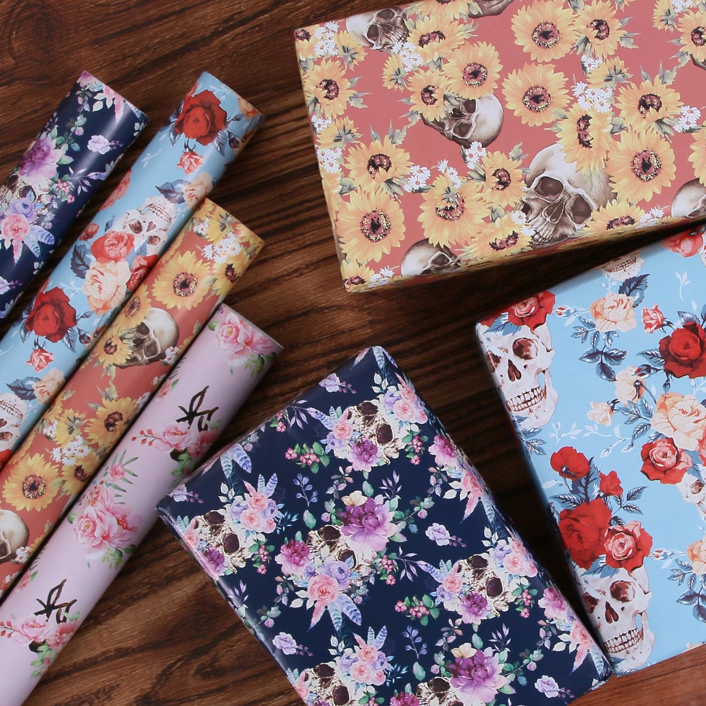 Aimyoo Blue Skull Floral Wrapping Paper Jumbo Roll 17 in x 60ft, Gothic Gift Wrap Paper for Halloween Wedding Bridal Shower