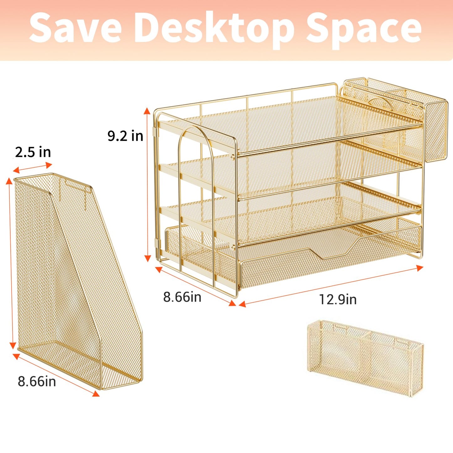 OPNICE Desk Organizers and Accessories, 4-Tier Office Desk Accessories & Workspace Organizers with Drawer and Pen Holder, Desktop Paper Tray File Organizer for Home Office Supplies, Gold