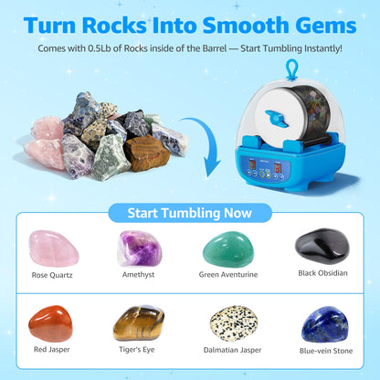 KomeStone K5 Rock Tumbler for Kids & Starters– Dual Noise-Reducing Rock Polisher with Timer, 3 Speeds & Memory Function, Complete Stone Tumbling Kit with Gems & All Accessories – A Fun STEM Gift