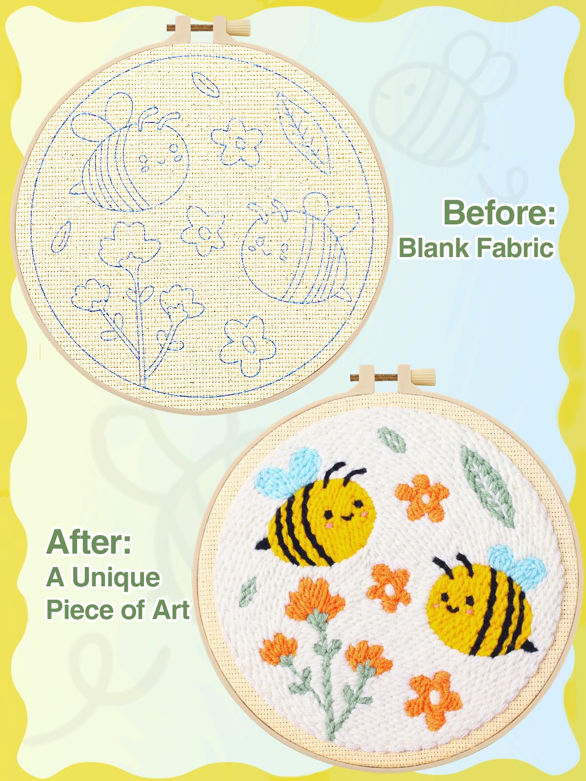 Punch Needle Kit Adults Beginner - Step-by-Step Video & Guide, Includes Hoop/Needle/Yarns/Punch Needle Fabric with Pattern, Spring Embroidery Craft Gifts for Women, Bees