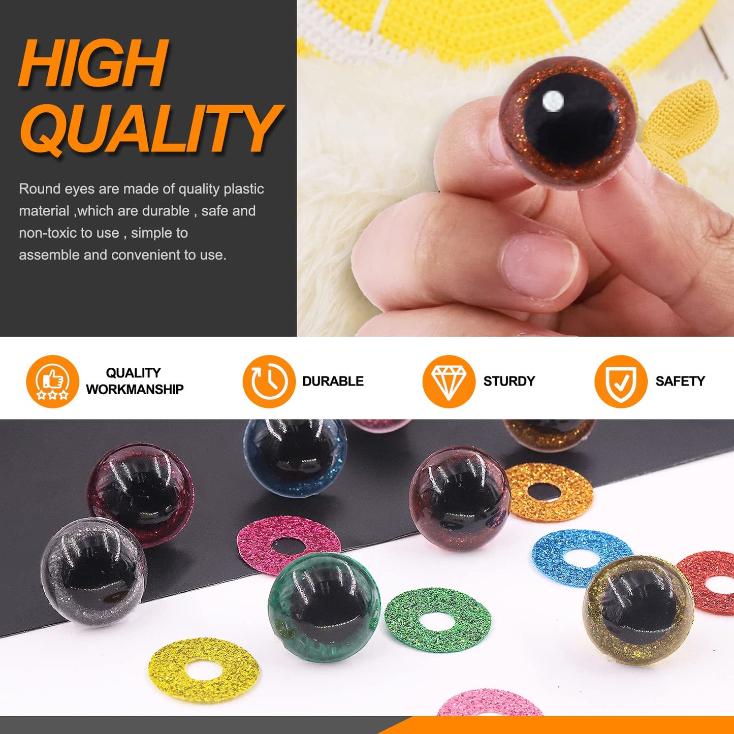 Rustark 64 Sets Glitter Plastic Safety Eyes Stuffed Crochet Eyes Craft Doll Eyes Kit with Washers for DIY Crafts Projects 12mm 16mm 18mm 20mm Green Blue Silver Pink Light Purple Gold Yellow Red