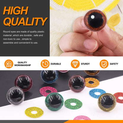 Rustark 64 Sets Glitter Plastic Safety Eyes Stuffed Crochet Eyes Craft Doll Eyes Kit with Washers for DIY Crafts Projects 12mm 16mm 18mm 20mm Green Blue Silver Pink Light Purple Gold Yellow Red