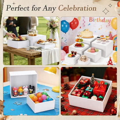 nplehome 6 Pcs Buffet Risers, White Acrylic Large Food Risers for Buffet Table with Mini Table Sign, Display Stand Shelf for Party, Catering Cube Nesting Boxes (9" 8" 7" 6" 5" 4" )