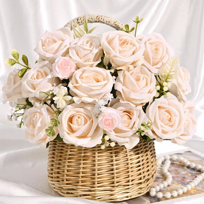 50 Pcs Champagne Roses Artificial Flowers, Real Touch Velvet Roses Bouquet Fake Flowers Bulk, Artificial Roses with Long Stems for Birthday Gift Women Mom DIY Bridal Wedding Centerpiece Decorations