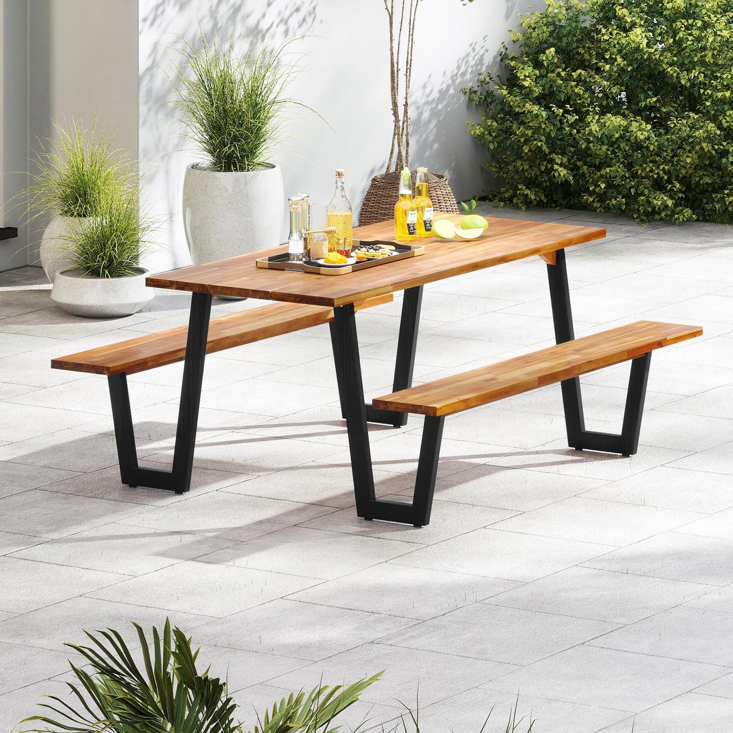 S AFSTAR 70" Outdoor Picnic Table, Heavy Duty Wooden Table and Bench Set with Umbrella Hole, All-Weather Acacia Wood Picnic Tables for 6, Garden, Backyard, Porch, Patio