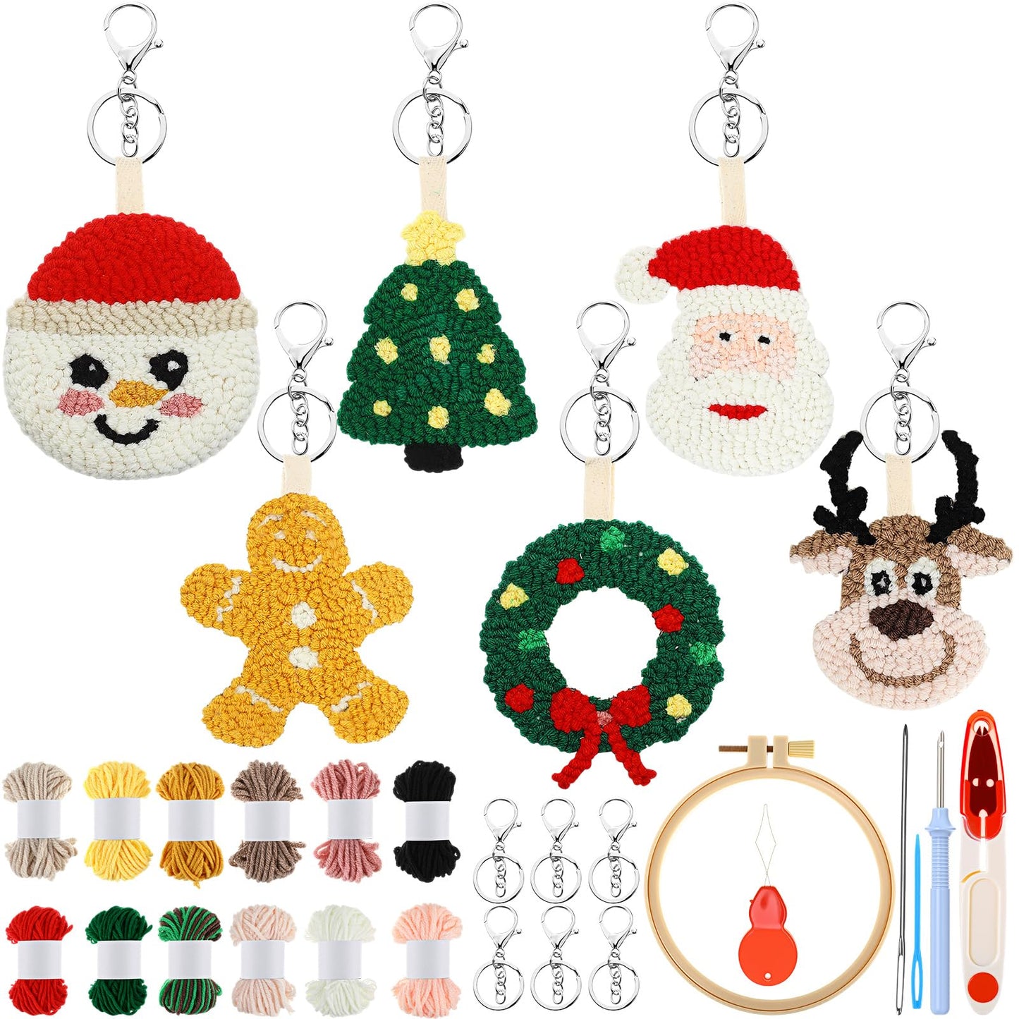 WinnerWhy 6 Pcs Christmas Punch Needle Kit Adults Beginner Keychain Accessories Christmas Punch Needle Embroidery Kit Includes Patterns, Tools, Yarns, Hoop, Instruction, Easy Art Work Decor for Adult
