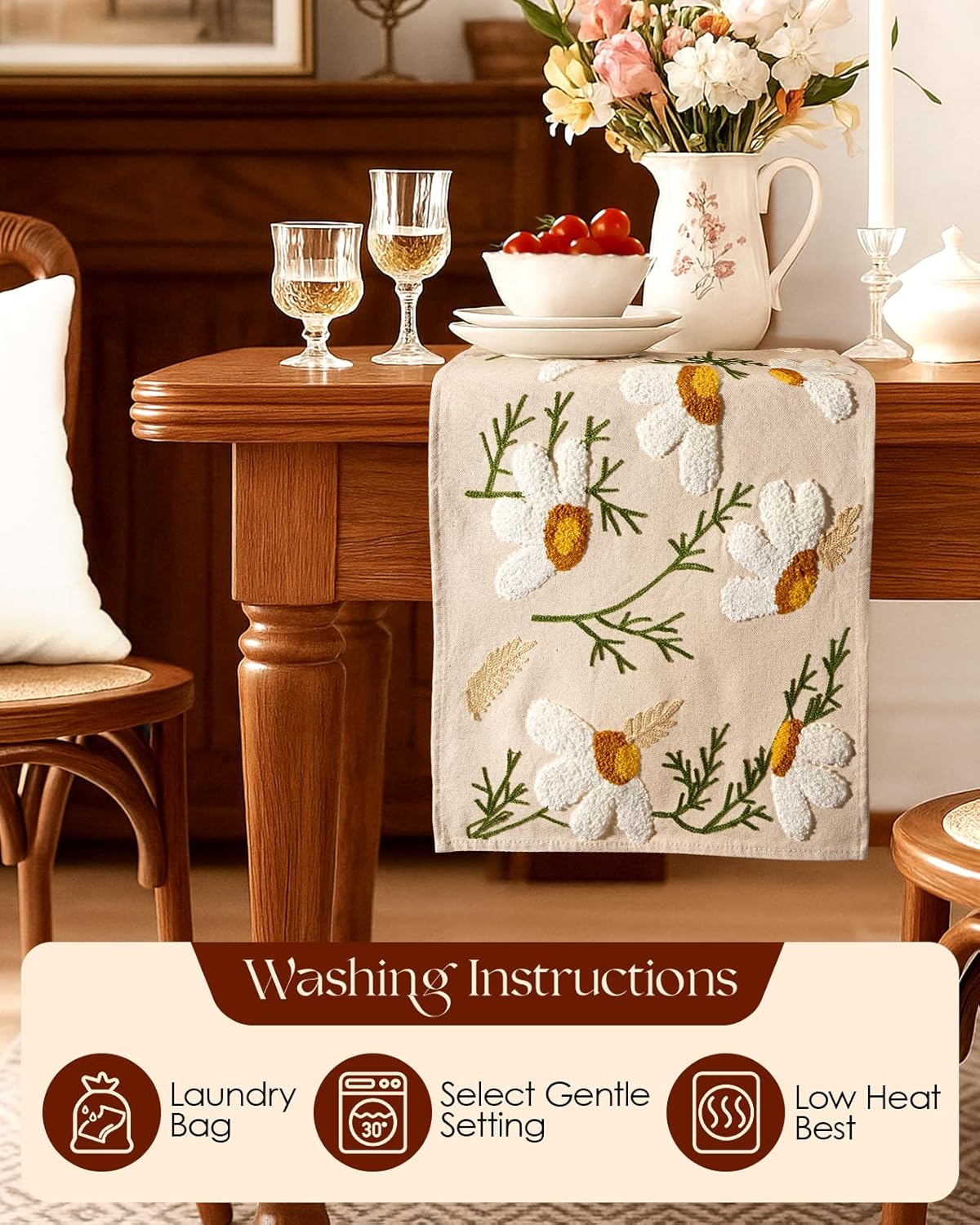 13"x 72" Counter Canvas Embroidered Table Runner - Coffee Table Runner for Living Room Narrow Tablerunner for Dining