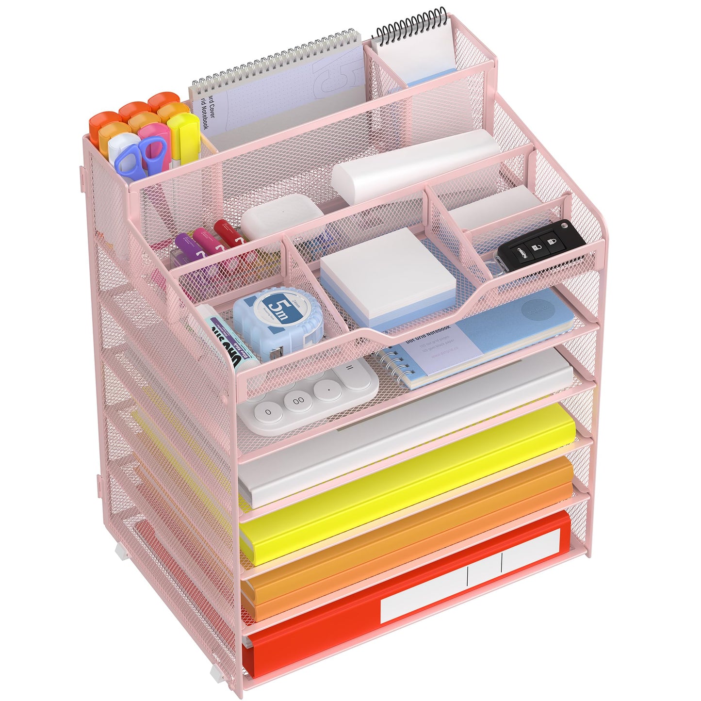 Docnest 6 Tier Mesh Desk Organizer for Paper Office Supplies – Multi-Functional Letter Tray with 5 Adjustable Compartments, 9 Pen Holders, Desktop Storage for Files, Mail, Stationery – Pink