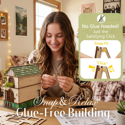 Lynnuo No Glue Needed DIY Miniature House Kit for Adults & Beginners,Whispering Woods Cottage 3D Wooden Puzzle Bookend, Satisfying Snap-Fit Assembly (185 Pcs,2.5 Hour Build)