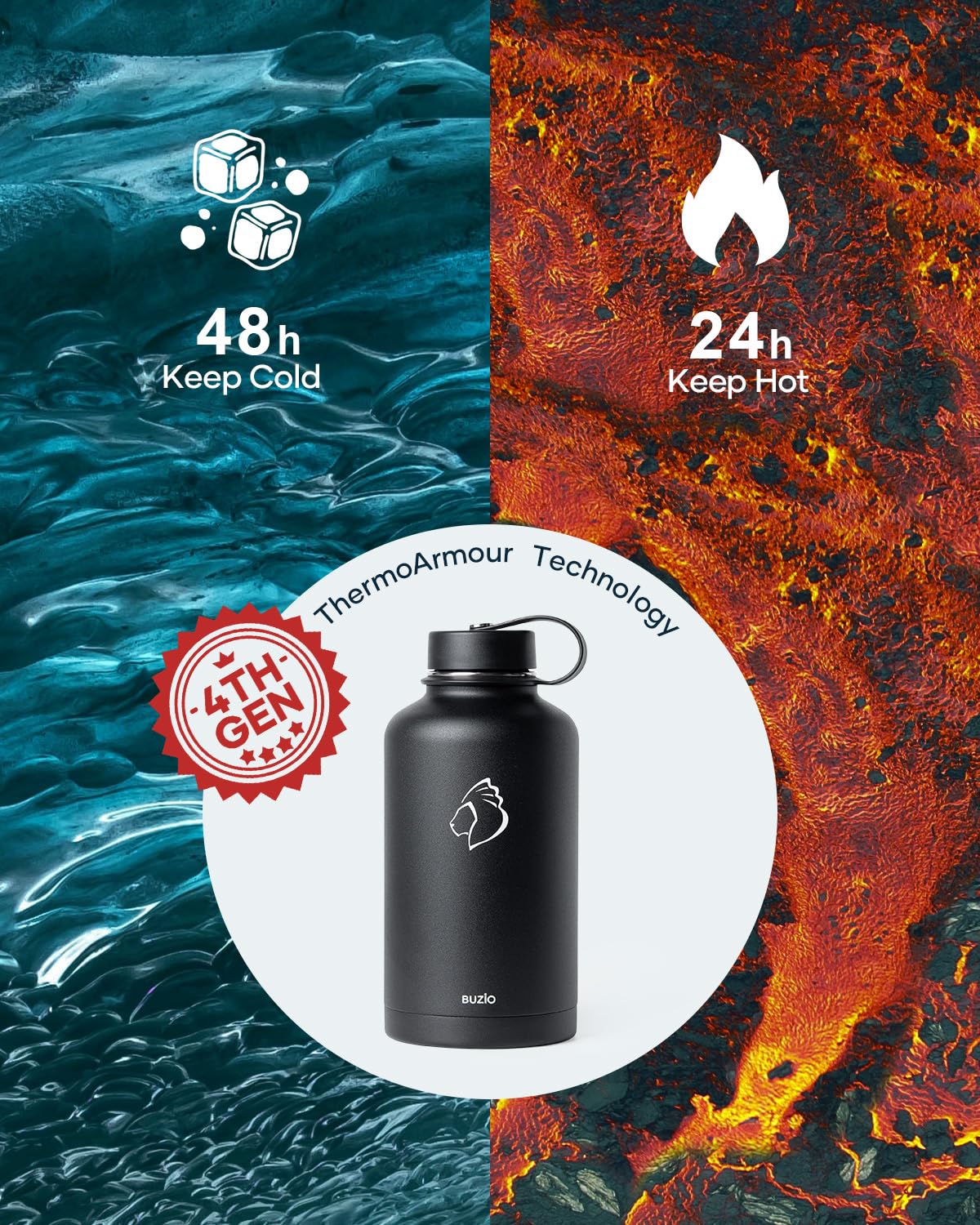 BUZIO Vacuum Insulated Stainless Steel Water Bottle 64oz (Cold for 48 Hrs/Hot for 24 Hrs) BPA Free Double Wall Travel Mug/Flask for Outdoor Sports Hiking, Cycling, Camping, Running