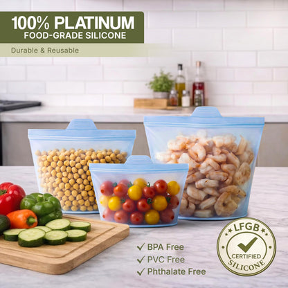 MALLIVA Premium Reusable Platinum Silicone Bags for Food Storage, 3 Pack(17, 34 & 51oz), Stand Up Ziplock Bags, Meal Prep Bag, Sandwich Bag, Snack Bag, BPA Free, Freezer, Microwave & Dishwasher-Safe