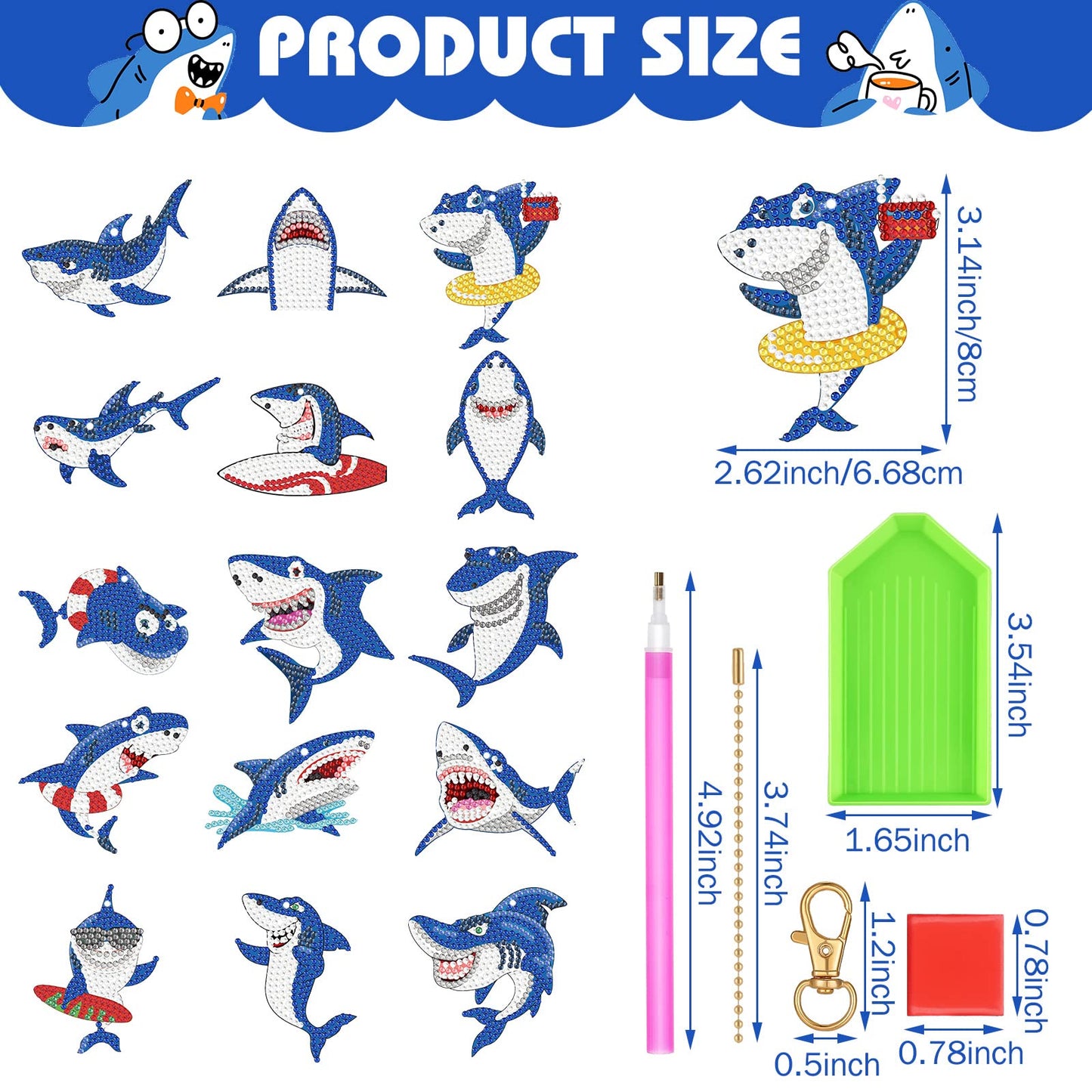 Henoyso 15 Pcs 5D Diamond Painting Keychains DIY Shark Diamond Art Keychain Kit for Kids Boys Girls Adult Mosaic Full Drill Pendant Phone Charm Bag Pendant Accessory Arts Crafts