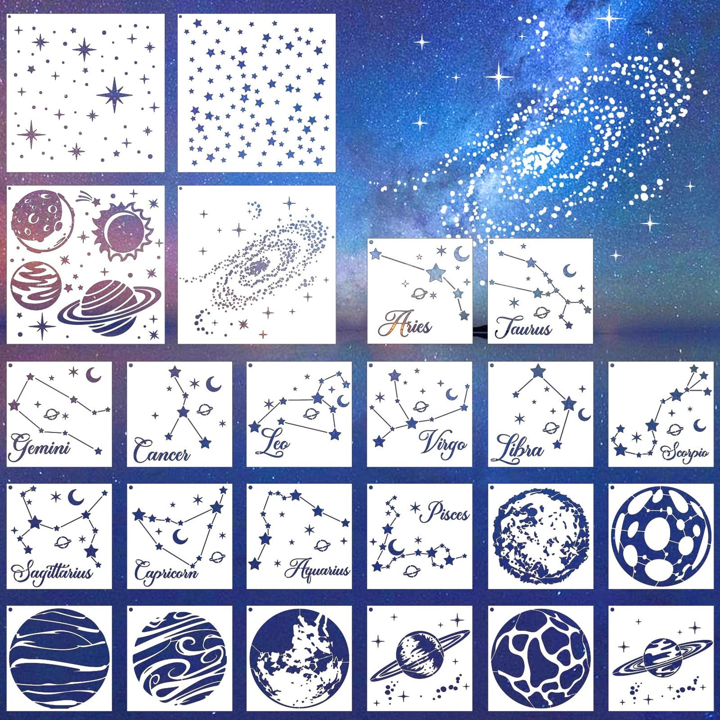Reusable Star Painting Stencil Set - 24 Pcs Astronomy Planet Reusable Painting Template for Journal Canvas Decoration, Zodiac Signs Drawing Art Stencils for DIY Home Wooden Wall Floor Decor
