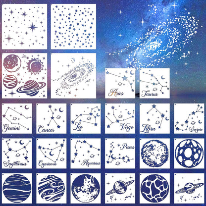 Reusable Star Painting Stencil Set - 24 Pcs Astronomy Planet Reusable Painting Template for Journal Canvas Decoration, Zodiac Signs Drawing Art Stencils for DIY Home Wooden Wall Floor Decor