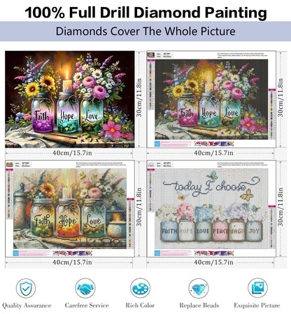 HHMATITS 3 Pack Inspirational Diamond Art Kits for Adults - Faith, Hope, Love Wishing Bottle Diamond Painting Kits for Beginners, DIY Full Drill Round Diamond Painting for Home Wall Decor 16x12Inch